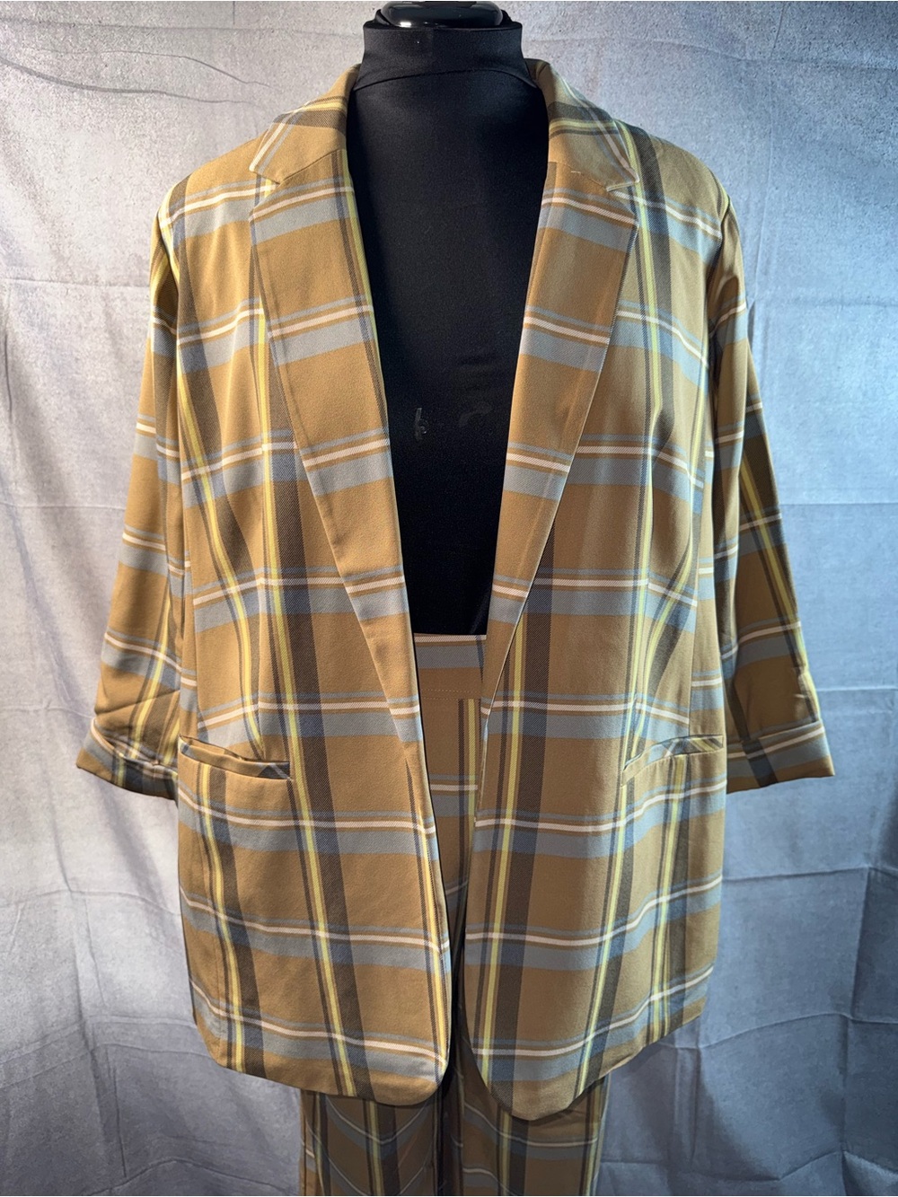 1454-Cato Mustard Plaid Open-Front Blazer Pantsuit